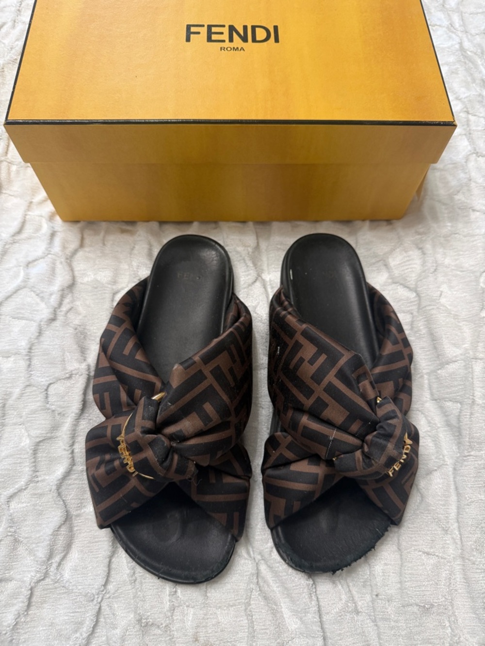 Fendi Brown FF Logo Knot Slide Sandals with Gold Accent